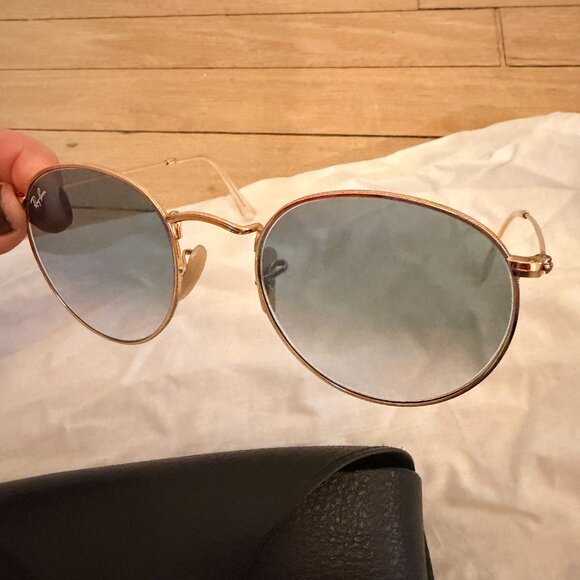 100% Authentic Ray-Ban Sunglasses- Blue Lenses with Gold Round Frames